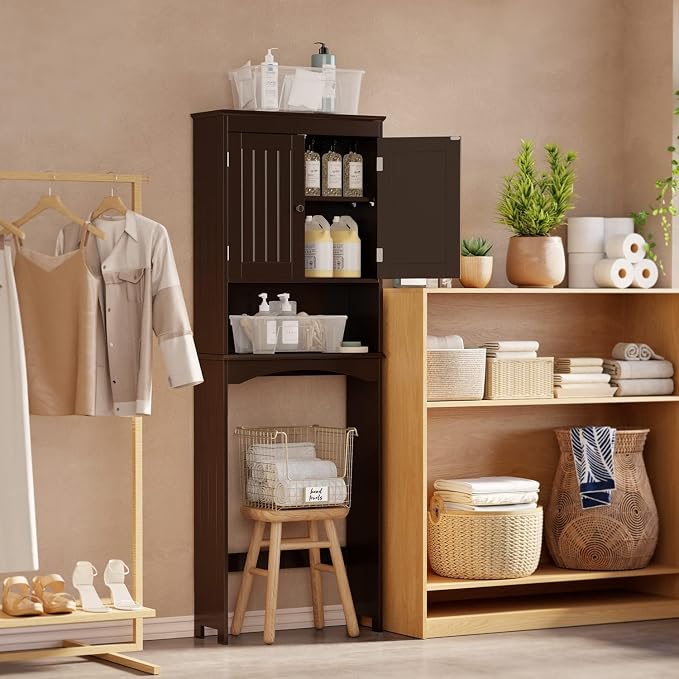 Gizoon Over the Toilet Storage Cabinet with Adjustable Shelf and Double Doors, Bathroom Space Saver Organizer Above Toilet with Open Shelf, Taller Wooden Free Standing Toilet Rack -Espresso