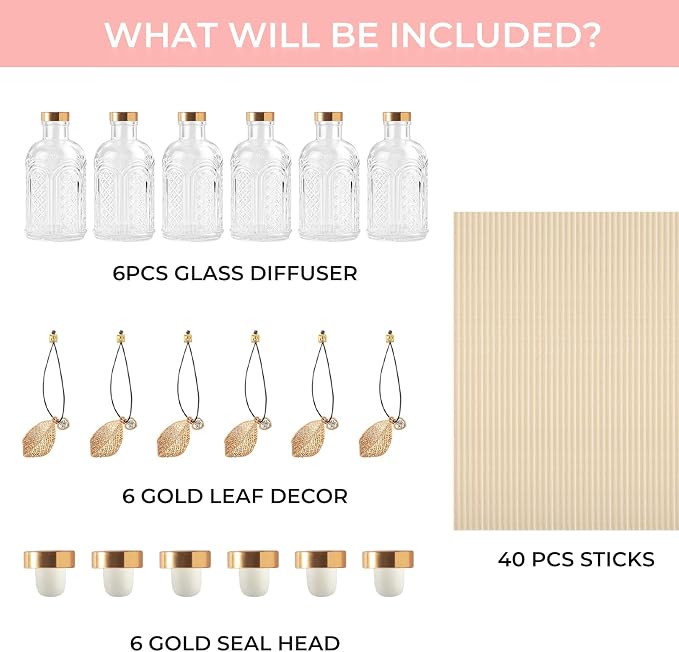 Glass Reed Diffusers Bottles for Home, Diffuser Bottles with 40PCS Reed Diffuser Sticks, Vintage Embossed Apothecary Style Flower Bud Vases with Cork Lids, Set of 6