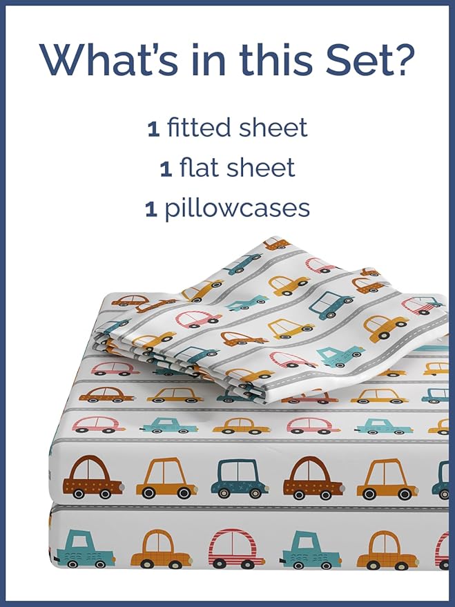 Kids Cars Twin 3 Piece Sheet Set - Boys, Girls, Teens, Toddler - Easy Fit, Deep Pockets - Breathable, Hotel Quality Bedding Sheets - Machine Washable & Wrinkle Free - Cute, Cozy & Soft - CGK Linens