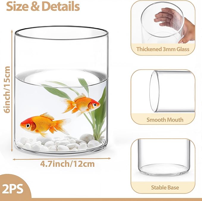 2Pcs Glass Cylinder Vases for Centerpieces, 6" x 4.7" Wide Mouth Flower Vase Hurricane Glass Candle Holders, Clear Vases Bulk with 2 Floral Tapes for Floating Candles Wedding Party Home Decor