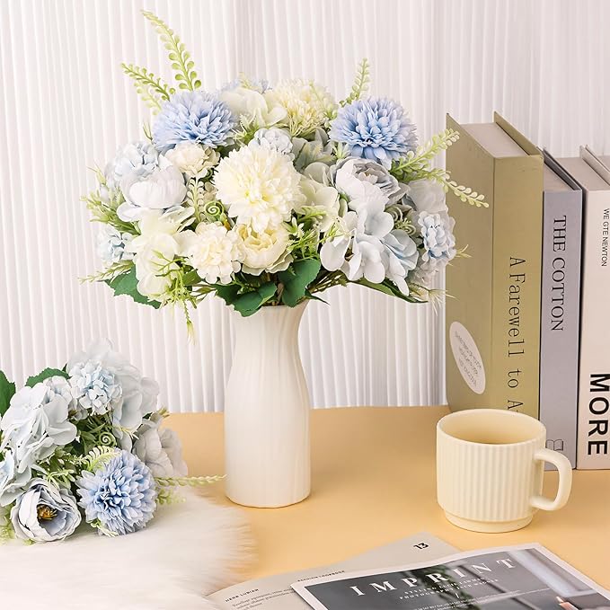 Olgaa 12 Bundles Peonies Artificial Flowers Silk Flowers Fake Peony Bouquet Faux Peonies Flowers Bulk for Wedding Decor Centerpiece Table Decorations (Blue White)