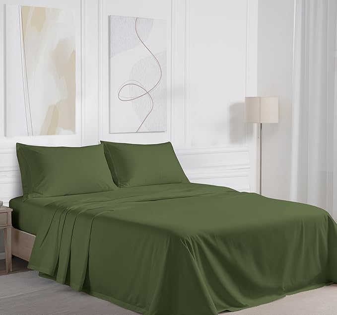 RUVANTI 100% Cotton King Size Sheets Set, 4 Pieces, Soft & Breathable Percale Weave Bedding, Deep Pocket 16", Hotel Standard, Crisp Cool Feel, Durable, Perfect Dyed Bed Sheet, Chive