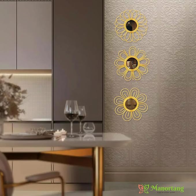 Gold Mirrors 3 Piece, 9 inch Flower-Shaped Mirror Hanging Wall Decor, Valentine Decorative Mirror Wall Art, Round Mirrors for Bedroom,Living Room,Bathroom, House Warming Valentine Gifts
