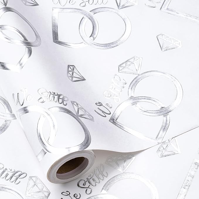 RUSPEPA Anniversary Wrapping Paper Roll, Mini Roll, Silver Foil We Still Do Design with Wedding Ring, Elegant Gift Wrap for Wedding, Anniversary, Engagement, Bridal Shower, 17 Inches x 16.4 Feet