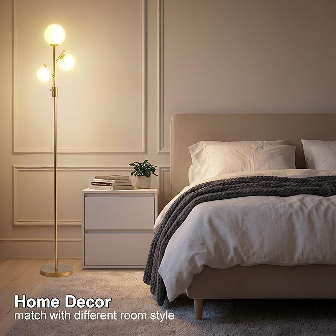 Fiqevs Mid Century Modern 3 Globe Tree Floor Lamp - Dimmable LED Standing Lamp with Bulbs, Warm Light for Living Room Bedroom Office - Antique Brass/Gold