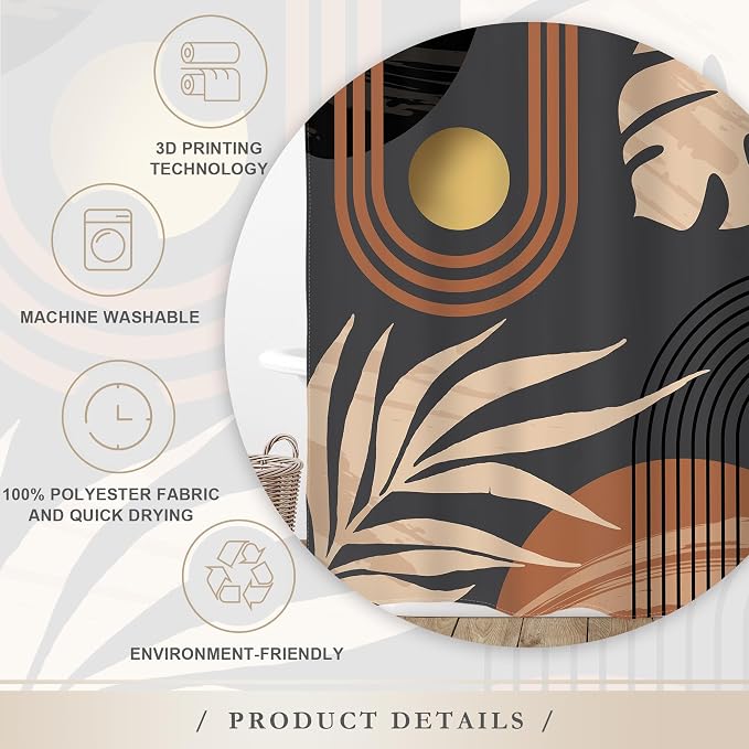 Glawry Black Boho Mid Century Shower Curtain Abstract Beige Leaves Minimalist Simple Aesthetic Arch Sun Modern Bathroom Botanical 60Wx72L Inches Bath Accessories Art Home Decor Fabric 12 Pack Hooks