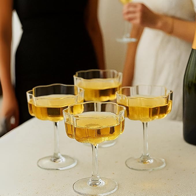 Flower Scalloped Vintage Wavy Petals Wave Glass Coupes 7oz Colorful Martini, Champagne & Cocktails, 4 Set Clear Rippled Champagne Glasses, Elegant Bar Glassware, Unique Aesthetic Coupe Glassware Gifts