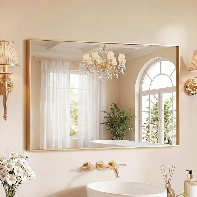Sweetcrispy Bathroom Mirrors for Over Sink, 24" x 40" Rectangle Wall Mount Mirror with Metal Frame, Modern Vanity Mirror with Tempered Glass, for Home Decor, Anti-Rust, Gold