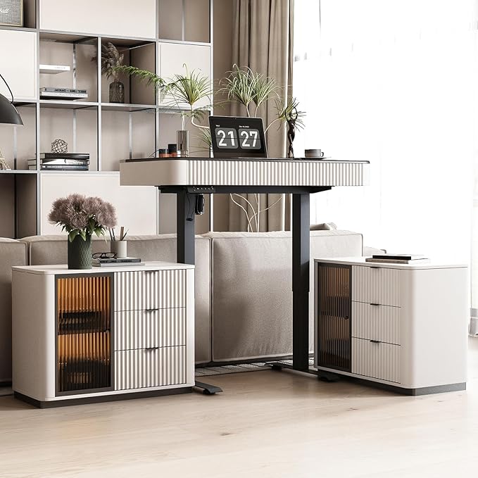 Lartis Office Desk, Electric Standing Desk with Built-in Outlets, Tempered Glass Top Modern Office Computer Desk with 2 Side cabinets (Ivory White, 50)