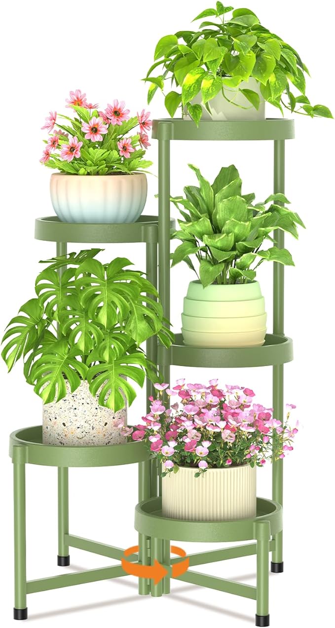 LASZOLA 5 Tiered Plant Stand Indoor Outdoor with Plastic Tray, Corner Folding Tall Flower Display Rack, Modern Plant Holder Shelf for Outdoor Patio Porch Garden Office Living Room, Green