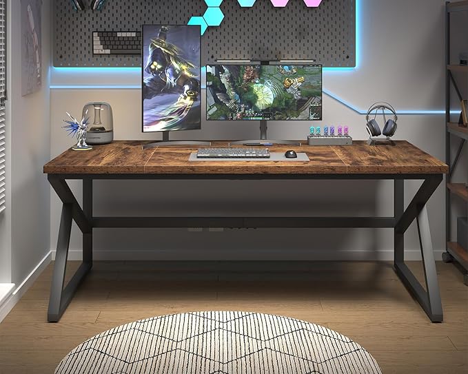 HSH Large Rustic Brown Computer Desk, 70 Inch Home Office Metal Wood Desk for 2 Person, Farmhouse Extra Long Writing Study Gaming Table, Bedroom Living Room PC Laptop Dual Monitor Desk