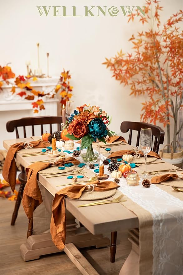 Artificial Flowers in Vase with Fake Water, Faux Silk Peony Dahlia Bouquet, Teal Burnt Orange Flowers Arrangement for Dining Table Centerpiece Wedding Chritmas Party Winter Home Decor & Birthday Gift