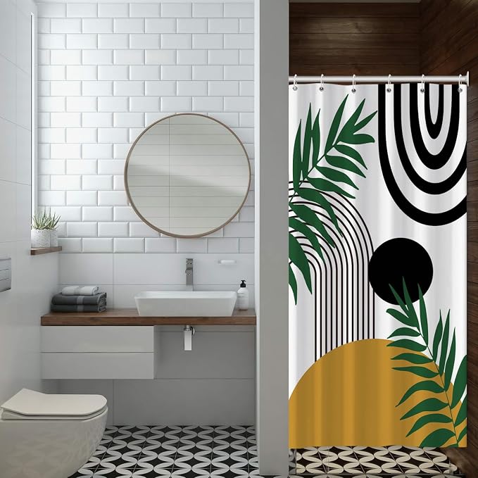 Boho Mid Century Shower Curtain Bohemian Abstract Modern Sun Bathroom Curtain Geometric Arch Curve Leaves Polyester Shower Curtain Sets for Bathroom Extra Long 36x72 in with 6 Hooks