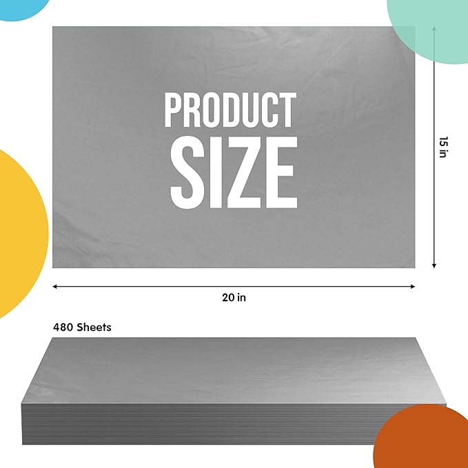 Party Solids Gray Tissue Paper for Gift Bags - 15" X 20" Bulk Tissue Paper Gray 480 Sheets - 10lb Newsprint for Packing, Birthday Gift Box Filler, Packing Supplies for Moving Supplies