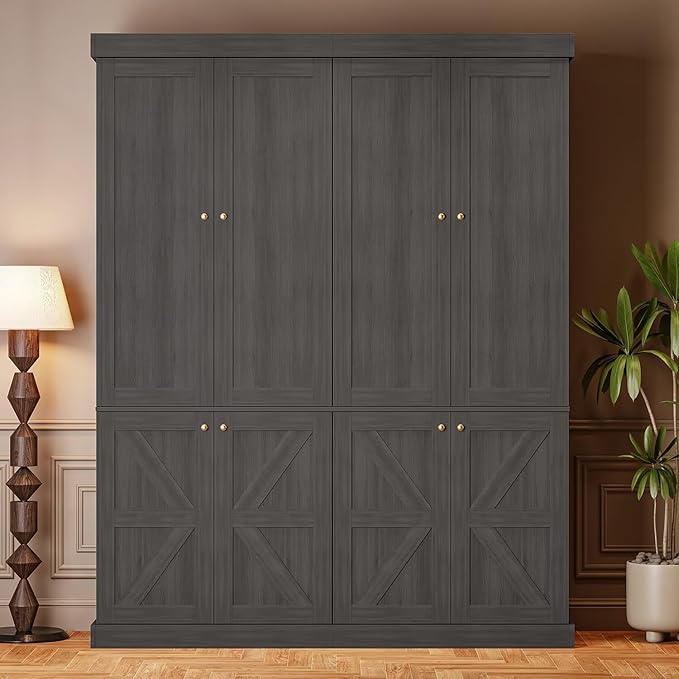 Vyre 70.8" Tall Bookshelf with Doors, Farmhouse Modular Bookcase with 4-Tier Adjustable Shelves, Large Storage Cabinet for Home Office, Living Room, Black