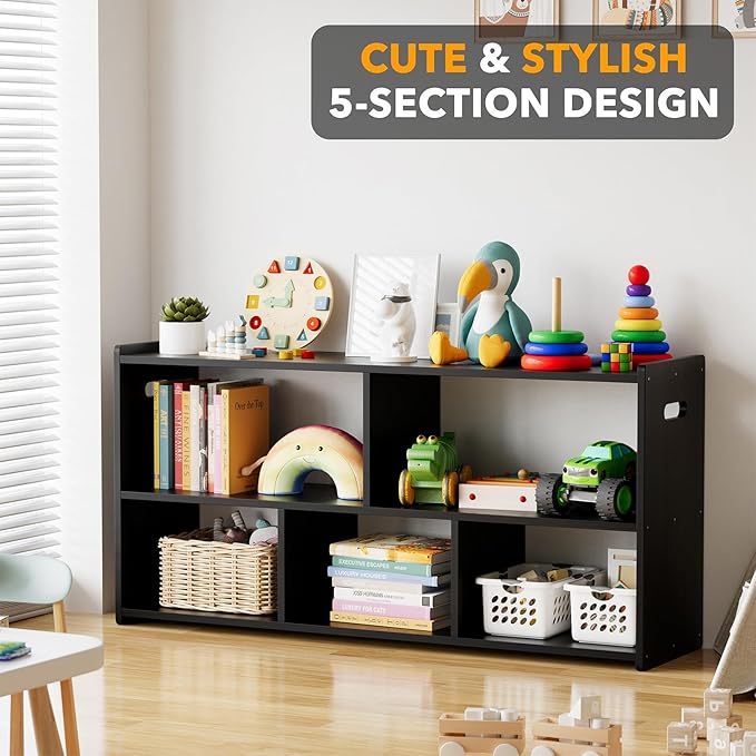 SpaceAid 5-Compartment Bookshelf, Montessori Bookcase for Toddlers, Wooden Book Shelf Organizer Storage Furniture for Kids Rooms, Playroom, Nursery and Classroom, 44.5“ Wide, Black