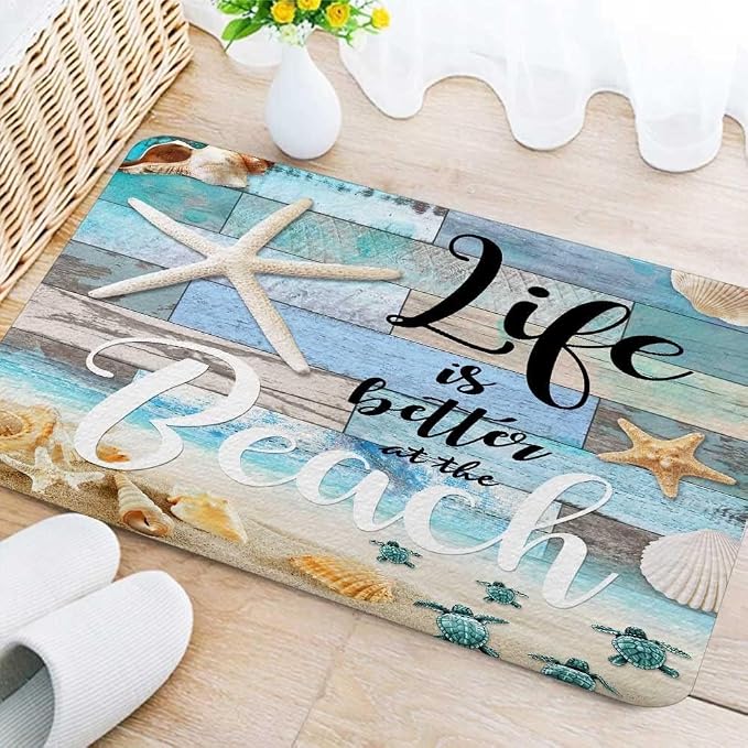 Beach Starfish Sea Shell Ocean Bathroom Rugs Mat, Non Slip Rustic Beach Bath Rugs for Bathroom, Durable Rustic Wooden Flannel Mat Rug, Absorbent Water Clearance Mats for Laundry Room Kitchen,19X31