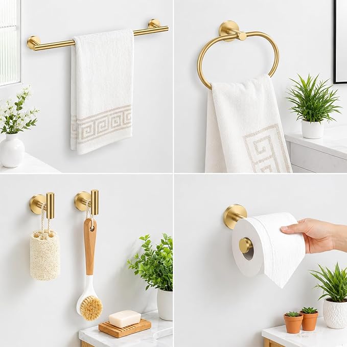 Brushed Gold Bathroom Accessories Set, 7 Pieces Gold Towel Bar Bathroom Hardware Set, 31.5 Inch Towel Racks for Bathroom, SUS304 Stainless Steel Bathroom Towel Holder Toilet Paper Holder Wall Mounted