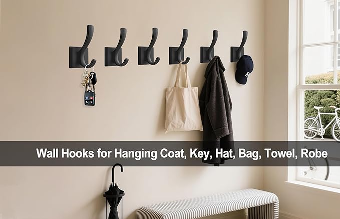 TOFIIGREM Black Coat Hooks for Wall Hanging, Bath Robe Hook Heavy Duty Thick Towel Hooks, Wall Mount Hooks Bathroom Entryway Mudroom Hooks for Hanging Coats Key Robe Hat Backpack (12 Pack, Black)