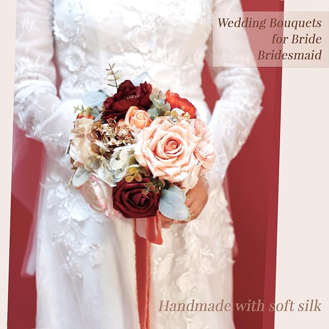 8.6 Inch Wedding Bouquets for Bride Bridesmaid, Burnt Orange Burgundy Rose Bridal Bouquet Terracotta Fall Wedding Artificial Silk Flower Boho Rustic Ceremony Anniversary Decor Toss Bouquet