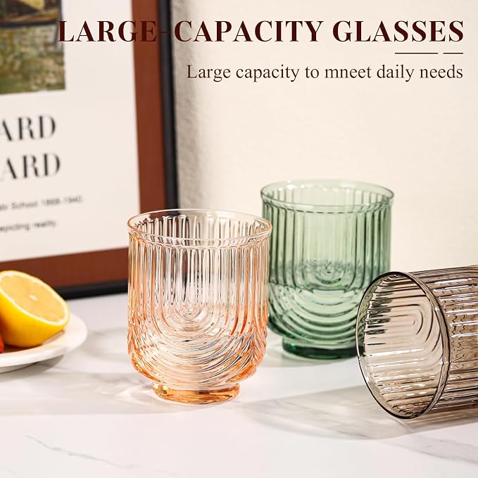 Colored Vintage Drinking Glasses Set of 6-15oz Hand-Blown Highball Ribbed Glassware, Arch Design Cocktail Glasses for Whiskey Water Beverages Ice Coffee Juice Milk