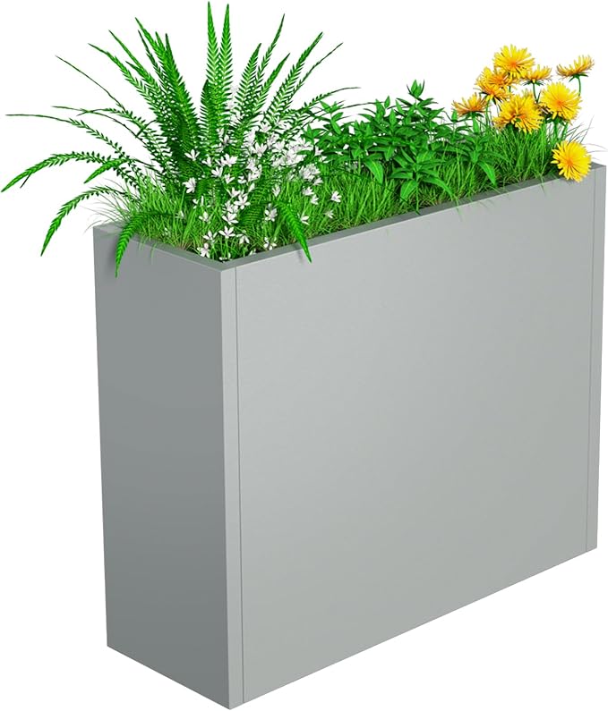 Metal Planter, 30L x 10W x 24H, Heavy Duty Tall Planters for Outdoor Plants, Planters with Removable Insert Shelf, Large Planters with Drainage Holes for Porch, Patio and Yard, Grey