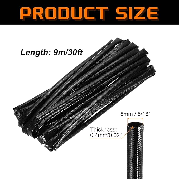 MECCANIXITY 30ft Braided Cable Sleeve, 5/16" ID 200C High Temperature 1500V Fiberglass Wire Insulation Cord Protector Organizer Wires Management for Motor Engine Fuel Line, Black
