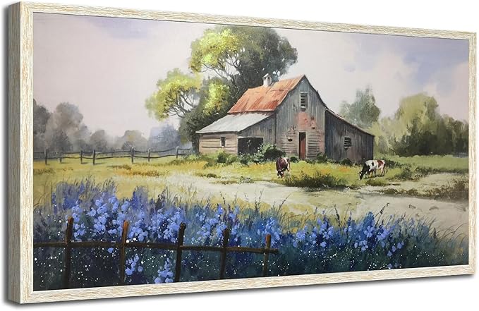 Ardemy Farmhouse Canvas Wall Art Large Framed Vintage Farm Cow Pictures Wall Decor Living Room Village Nature Painting Artwork Wall Art Bedroom Dining Room Home Office, 40"x20"