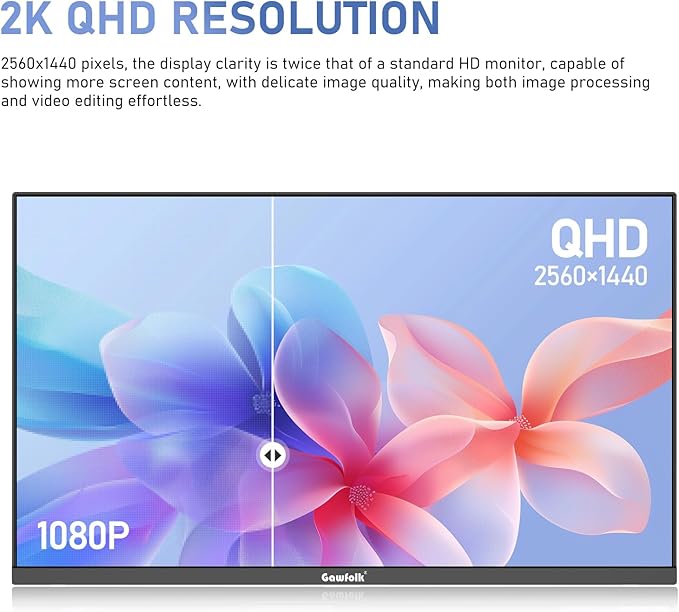 Gawfolk 27 inch IPS 2K QHD (2560×1440) Computer Monitor 75Hz Gaming PC Screen, 1ms，Adaptive Sync,100% sRGB, 1.07 Billion Colours, HDMI2.0、DisplayPort 1.4, Built-in Speaker - Black