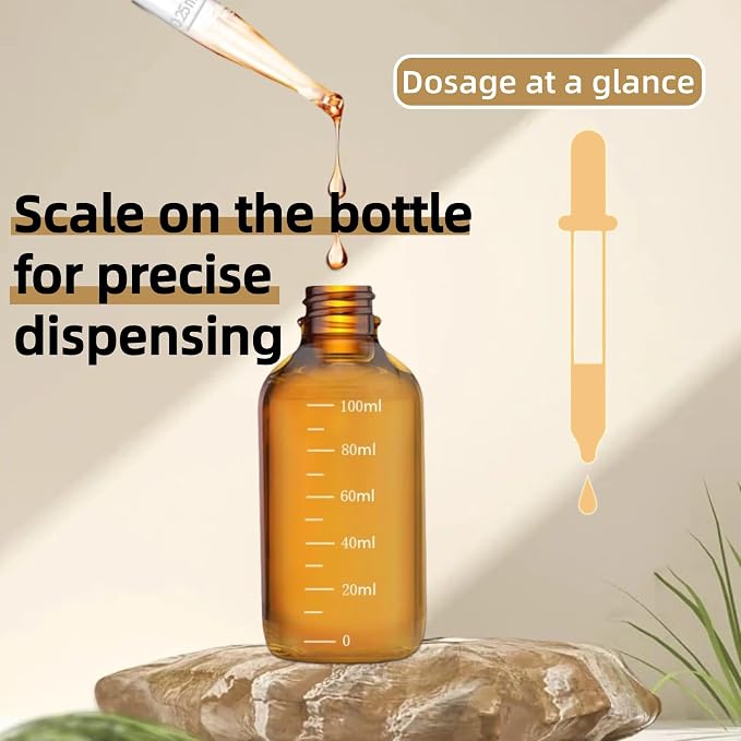 Amber Glass Dropper Bottle 3.4 oz, 2x100ml Amber Brown Glass Eye Dropper Bottles for Essential Oils with Dropper Pipettes, Funnel, and A Plastic Measured Dropper for Diffuser, Beauty Oil Mix