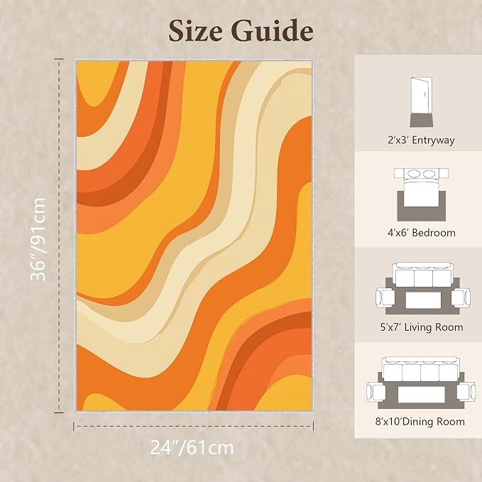 Sunset Flow Area Rug 2x3, Modern Abstract Wave Rug, Retro Orange Neutral Carpet for Living Room Bedroom, Soft Non Slip Washable Rug