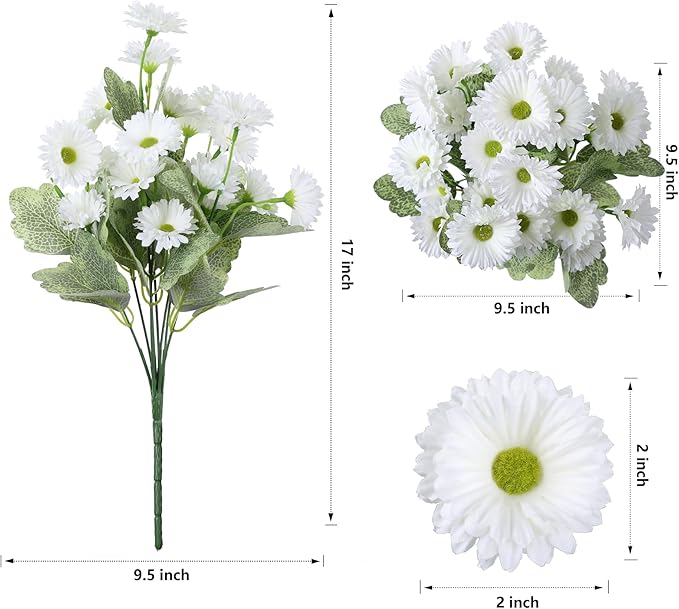 HyeFlora Dahlia Artificial Flowers for Outdoors Winter Decoration, 6 Bundles Fake Daisy White Faux Flowers Plants Realistic UV Resistant Silk Flowers for Outside Planter Front Door Yard Garden