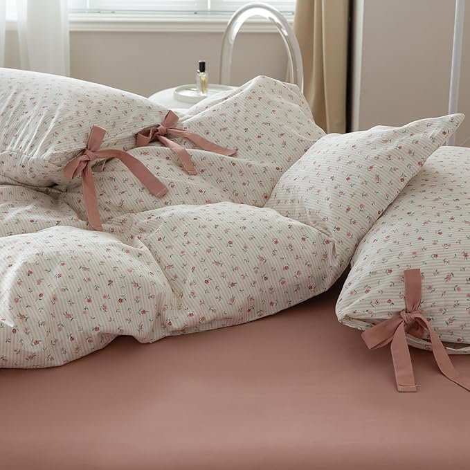 Pink Flower Duvet Cover Twin Vintage Floral Pink Stripes Duvet Cover Cotton Floral Blossom Comforter Cover Cottagecore Bedding Sets with 2 Bowknot Pillowcases Girls Botanical Floral Duvet Cover Set