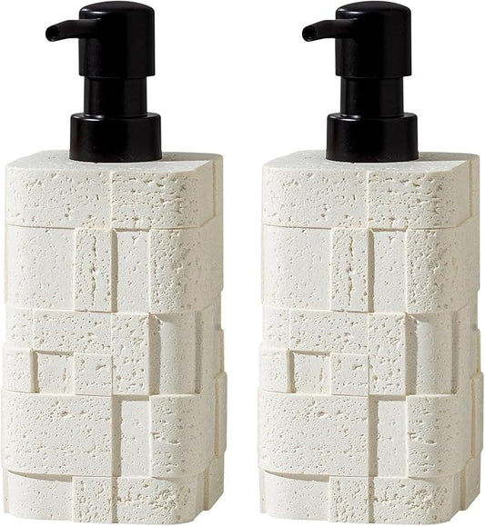 Soap Dispensers 400mL 13.5 OZ, 2 PCS Luxurious Hand Dish Lotion Shampoo Soap Dispenser Jar, Travertine Stone Look Soap Pump Bottles for Kitchen Bathroom Countertop (White)