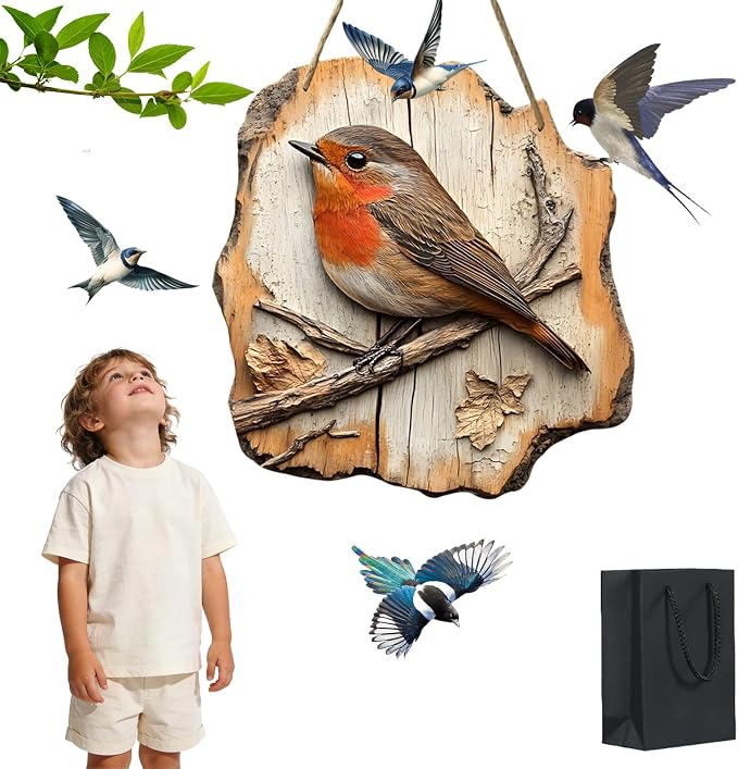 Cumuul Handmade Boxwood Bird Wall Hanging - Vintage 2D Bird Wooden Signage, Rustic Farmhouse Robin Bird Wall Decor, Wood Texture, Indoor Outdoor Garden Decoration (#1)