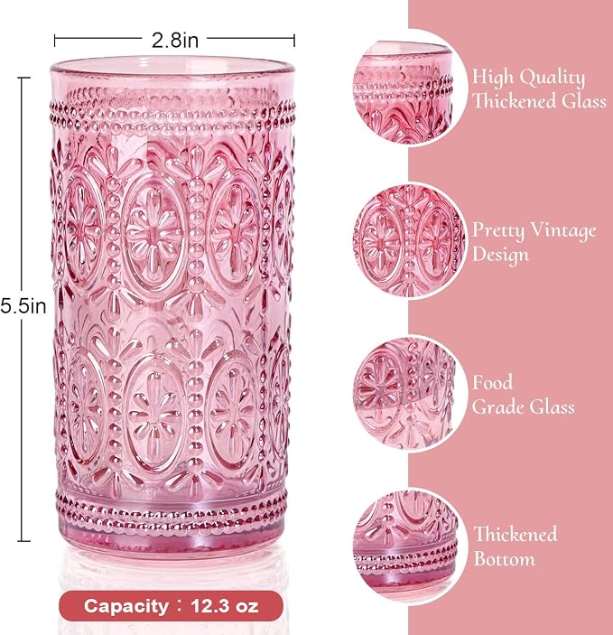 abrwyy Drinking Highball Beverage Glass Cup, Vintage Drinking Glasses, Colored Glassware Set for Party Wedding Home Office Gift, Set of 4 ,Pink