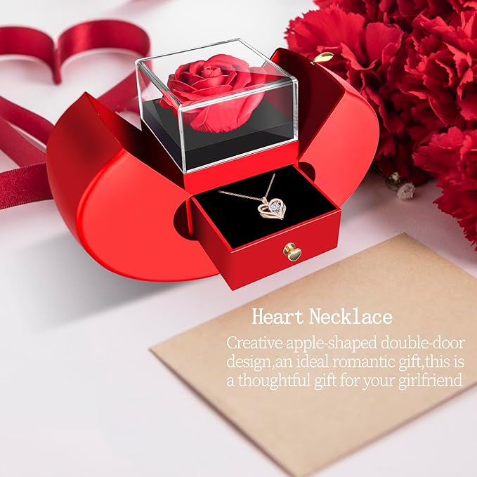 Preserved Flower Red Rose with Heart Necklace, Gifts for Mom, Girlfriend, Women, Wife, Grandma on Christmas, Valentine's Day, Mother's Day, Birthday, Anniversary, Thanksgiving