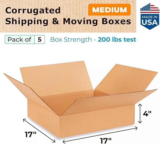 Medium Shipping & Moving Boxes 17 x 17 x 4 inches (5-Pack) - Extra Strength 200 lb vs Regular - Corrugated Cardboard Boxes for USPS/UPS/FEDEX - Durable Box for Moving - Medium Box by IDL Packaging
