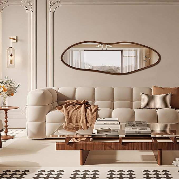 Irregular Full Length Mirror, 65"x22" Wooden Farmhouse Full Body Mirror, Large Asymmetrical Wall Mirrors for Living Room Entryway, Horizontal/Vertical, Walnut