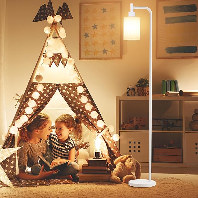 Ziisee Floor Lamps for Living Room - Industrial Standing Lamp with Glass Shade, Modern White Floor Lamp with LED Bulbs, Farmhouse Floor Lamp for Bedroom, Tall Lamp for Office - White