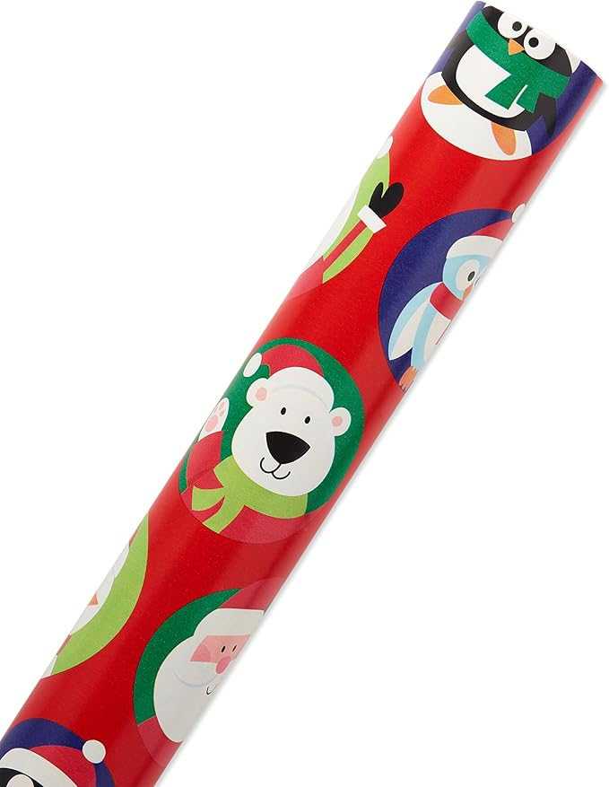 American Greetings Jumbo Kids Christmas Reversible Wrapping Paper Roll, Red and Blue Holiday Gift Wrap (175 sq. ft., 1 Extra Large Roll-30 in. x 70 ft.) Penguins, Polar Bears, Santa, Snowflakes