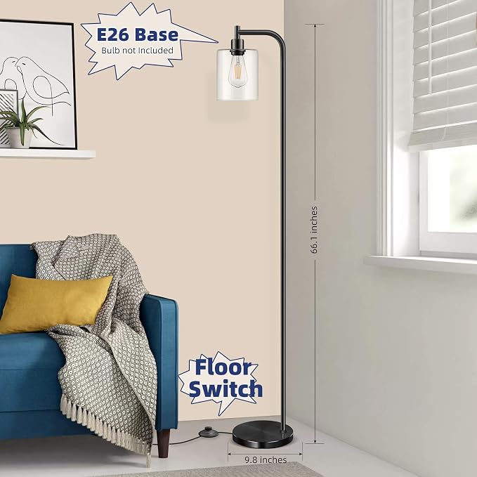 Bosceos Industrial Floor Lamp with Hanging Glass Shade Black Farmhouse Indoor Pole Light with Edison E26 Base Vintage Rustic Standing Tall Lighting for Living Room Bedroom Office(ST64 Bulb Included)