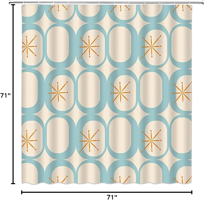 Mid Century Shower Curtain Modern Abstract Atomic Starbursts Squares Retro 50s Geometric Bathroom Decor Polyester Curtains with Hooks