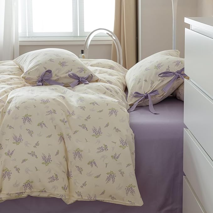 HighBuy Botanical Floral Duvet Cover Queen Boho Duvet Cover Set Soft Cotton Coquette Bedding White Duvet Cover Comforter Cover Vintage,Soft Cotton Queen Bedding Set with 2 Bowknot Bow Tie Pillowcases