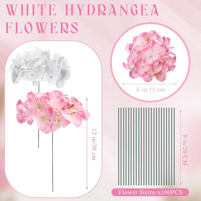 Unittype Silk Hydrangea Artificial Flowers Heads with Stems Faux Hydrangea Flowers for Wedding Centerpieces Bouquets DIY Floral Decorations for Home Indoor(White and Pink,200 Pieces)