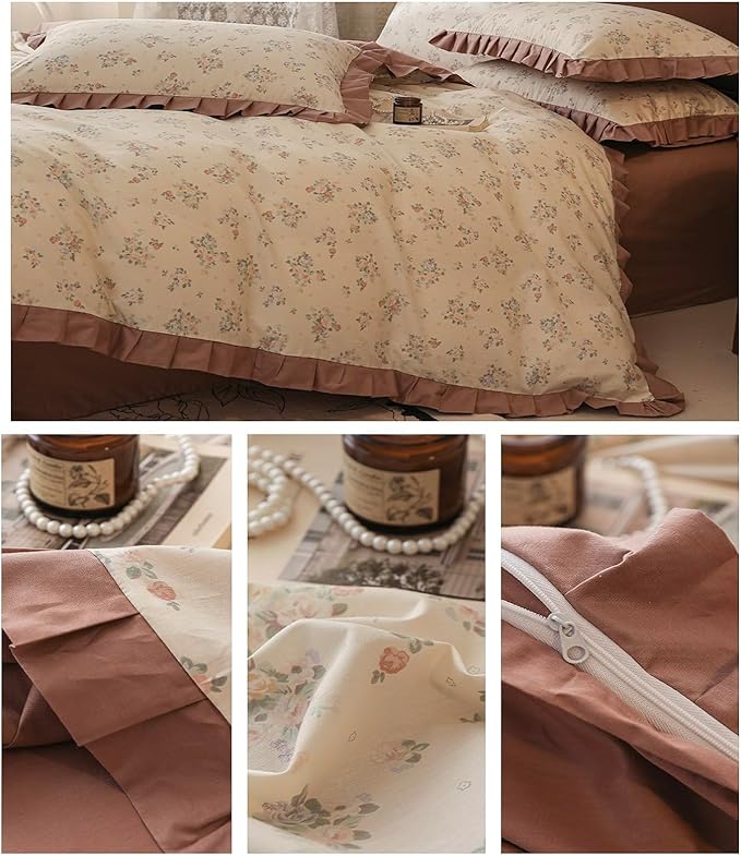 Ruffle Duvet Cover King 100% Cotton Vintage Floral Comforter Cover Aesthetic Rose Flower Duvet Cover Romantic Ruffle Comforter Cover Botanical Floral Bedding Lace Duvet Cover with 2 Pillowcases