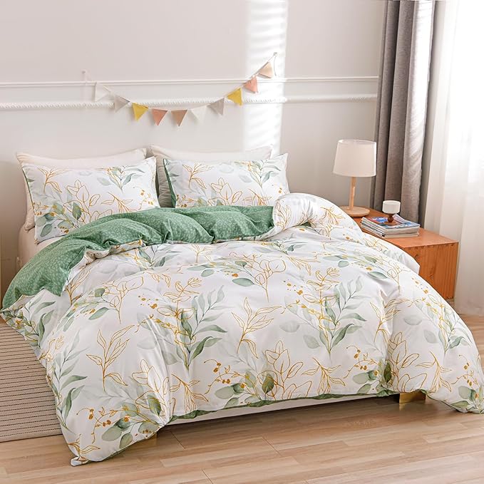 Nayoroom White Floral Duvet Cover King Size Green Gold Leaves Printed Reversible Botanical Comforter Cover 3 Pieces Soft Breathable Microfiber Cottagecore Bedding Set with Zipper Closure