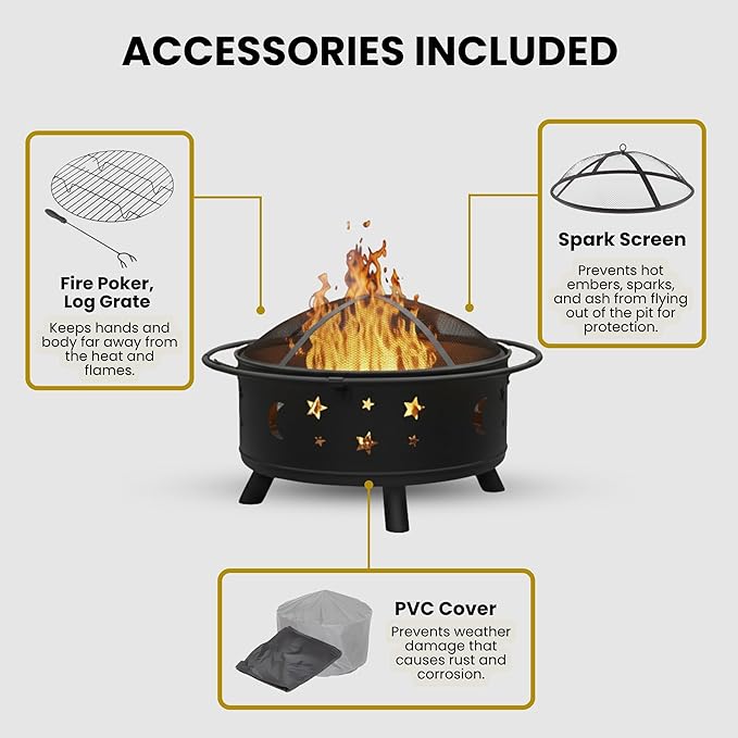 Fire Pit - 32-Inch Outdoor Wood Burning Firepit with Screen, Poker, and Cover - Outdoor Fire Pits for Backyard, Deck, or Patio by Pure Garden (Black)