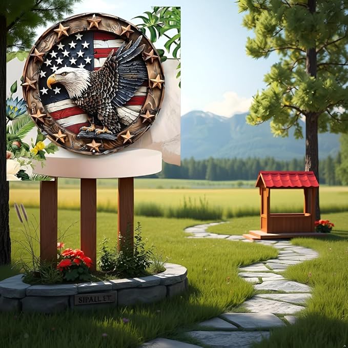 Eagle Wings Patriotic Aluminum Metal Wall Art - Weatherproof Round American Flag with Bald Eagle Decor, Pre-Drilled HD Print Sign for Home, Garage, Bar, Cafe7.98x7.98Inch Diameter