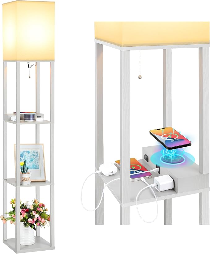 Mlambert Modern Shelf Floor Lamp with Wireless Charger & Fast Charging USB Ports & Type C Port & 2 Power Outlets,3 Tier Storage Lamp for Bedroom,Grey